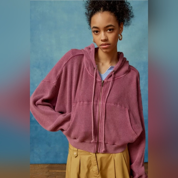 BDG Tops - BDG Leah Pink Waffle Knit Zip Up Hoodie Sweatshirt Size XS